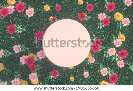 Romantic Scene with geometrical forms, arch with rose flower garden in natural day light. minimal 3d landscape background. 
