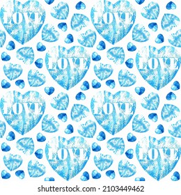 Romantic seamless pattern with blue  hearts  on a white background. Text LOVE. Illustration for fabrics, dresses, interiors, bed textile, packaging, invitation, postcards, wedding
