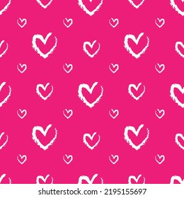 Romantic Seamless Pattern With Cute Chalk Images Of Hearts On A Pink Background. The Style Of Children's Drawing. Expression Of Feelings Of Love And Sympathy. Pattern Design For Valentines Day.