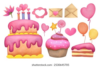 romantic set with pink desserts, balloons, hearts illustration on transparent background for greeting cards, wedding invitations, Be my Valentine - Powered by Shutterstock