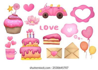 romantic set with pink desserts, balloons, hearts illustration on transparent background for greeting cards, wedding invitations, Be my Valentine - Powered by Shutterstock