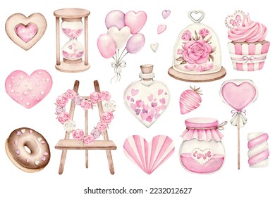 Romantic set.Heart, cake, donut, candy, balloons,
cookie, roses, hourglass.St Valentine's Day elements - Powered by Shutterstock