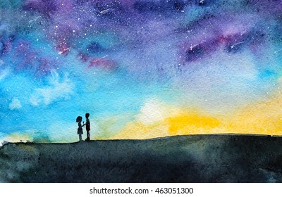romantic starry night view with a couple, hand painted watercolor