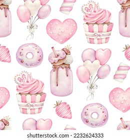 Romantic sweets pattern.St Valentine's Day background.Pink cakes.Balloons, candy, cupcake, donut, strawberry, heart.Love - Powered by Shutterstock