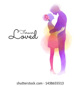 Romantic Valentine lovers silhouette on watercolor background. Love at first sign concept.  Engagement couple. Happy valentine's day - Powered by Shutterstock