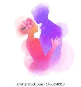 Romantic Valentine lovers silhouette on watercolor background. Love at first sign concept.  Engagement couple. Happy valentine's day - Powered by Shutterstock