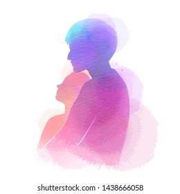 Romantic Valentine lovers silhouette on watercolor background. Love at first sign concept.  Engagement couple. Happy valentine's day