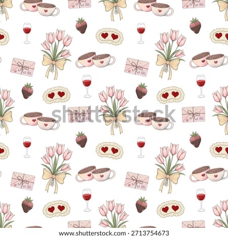 Romantic Valentine Seamless Pattern with Coffee Cups, Tulips Bouquet, Love Letters, Chocolate Strawberry and Wine in Soft Pastel Style