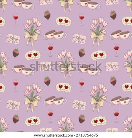 Romantic Valentine Seamless Pattern with Coffee Cups, Tulips Bouquet, Love Letters, Chocolate Strawberry and Wine in Soft Pastel Style