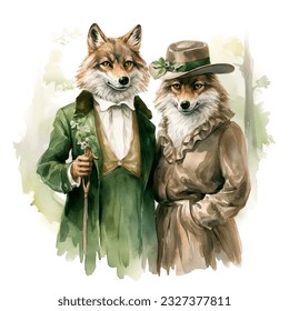 Romantic watercolor illustration with couple of foxes in forest. Couple of foxes in love on green background. Great Save the Date invitation card - Powered by Shutterstock