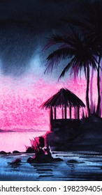 Romantic watercolor landscape of secluded resort. Exotic view of thatched-roofed bungalow, dark silhouettes of palms and rocky coast of sea against early morning sky gradient from inky to pink color.