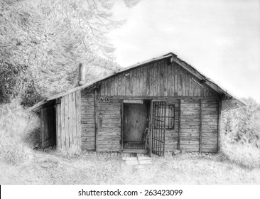 Romantic wooden cabin in mountain landscape, beautiful detailed monochromatic pencil drawing