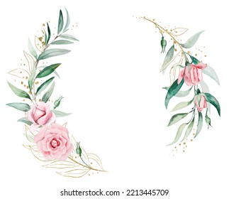 Romantic Wreath Made Of Light Pink Watercolor Flowers And Green Leaves Illustration, Isolated. Floral Element For Summer Wedding Stationery And Greetings Cards
