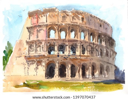 Rome, Italy. The Colosseum or Coliseum. Watercolor landscape painting in modern style for print on demand or design of interiors hotels and bedrooms.