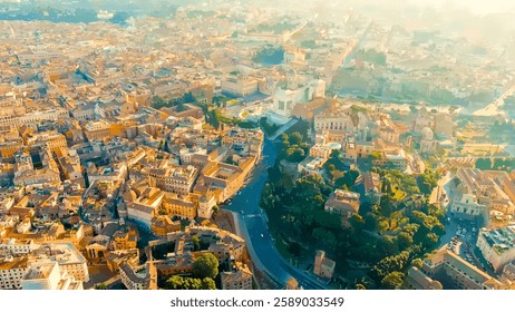 Rome, Italy. Watercolor illustration. Vittoriano - Monument to the first king of Italy, Victor Emmanuel II. Flight over the city. Panorama of the city in the morning. Backlight. Summer, Aerial View