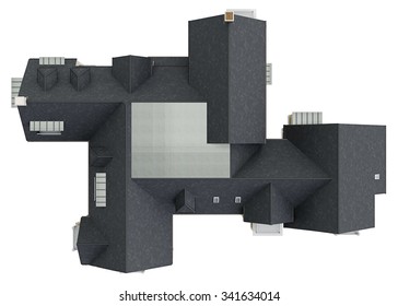 Roof Big House, Top View. 3D Graphic Isolated Object On White Background