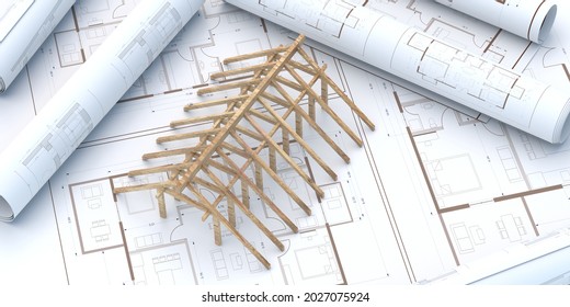 Roof Construction Industry And Design.  Wooden Framing  Trusses, Roof Beams Structure On Project Blueprint Plans Background. Roofing Contractor And Engineer Office. 3d Illustration