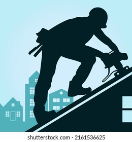 Roofer With A Tool Works On The Roof Of A House. Roofing And Repair Work Design