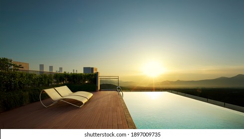 Rooftop modern infinity pool and lounge chair with beautiful sea view during sunset. 3D Rendering