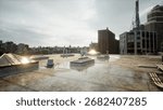 A rooftop scene captures reflections on surfaces after rain. The skyline features buildings with various heights, while the setting sun casts a warm glow over the city.