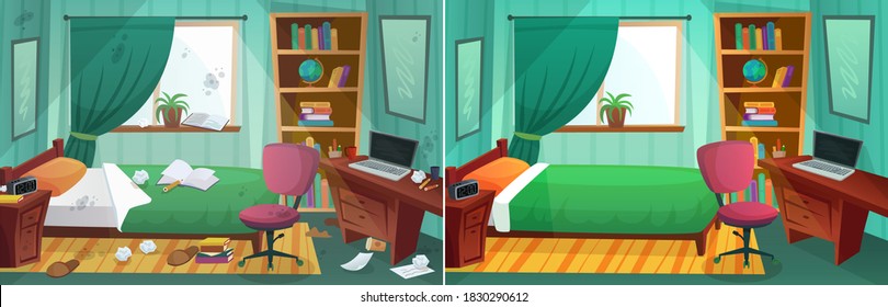 Room before and after cleaning. Comparison of messy bedroom and clean kid bedroom. Home interior after tiding service. Dirty window, bed, paper around room. Table and bookshelf  illustration