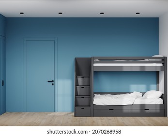 A Room In Blue Navy Tones - A Wall, A Wardrobe, A Door. Gray Bunk Bed With Drawers. The Space Of A Hostel Or Boys Room In A Minimalist Style. Black Spots And Wood Floor. 3d Rendering