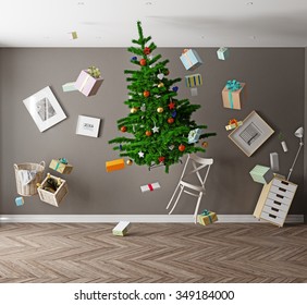 room with a Christmas tree and zero gravity. 3d concept