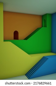 Room With Colorful Stairs ,3D Illustration