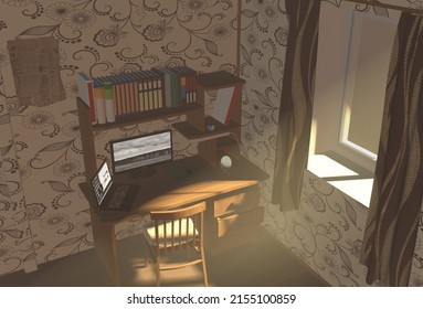 a room with a computer on a table in the sunlight during the day 3d rendering.