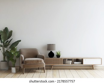 Room With Empty Wall, Khaki Chair, Plant, Long Desk, And Table Lamp. 3d Rendering. 3d Illustration