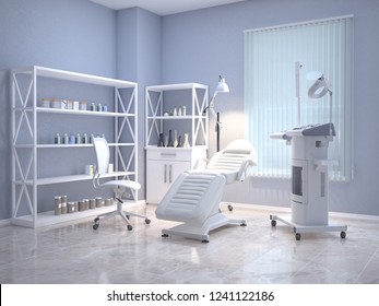 Room with equipment in the clinic of dermatology and cosmetology. 3d illustration