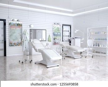 Room With Equipment In The Clinic Of Dermatology And Cosmetology. 3d Illustration