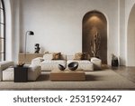 The room features arched walls and windows with neutral stucco walls, illuminated by warm yellow lights, 3d render
