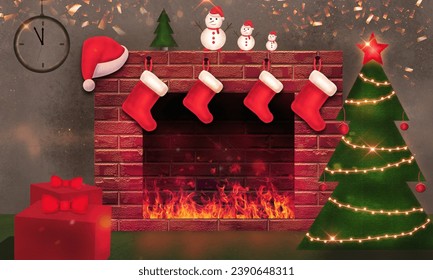 Room with fireplace on Christmas night, Christmas tree with gifts, snowman, Santa hat. Happy New Year 2024. Template for a holiday card. - Powered by Shutterstock