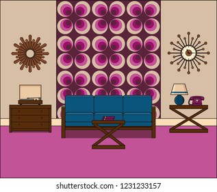 Room In Flat Design. Retro Living Room Interior 1960s In Line Art. Linear Illustration. Thin Line Vintage Home Space With Couch, Turntable And Telephone. House Equipment. 