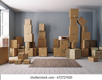 Room Full Of Cardboard Boxes. 3d Concept