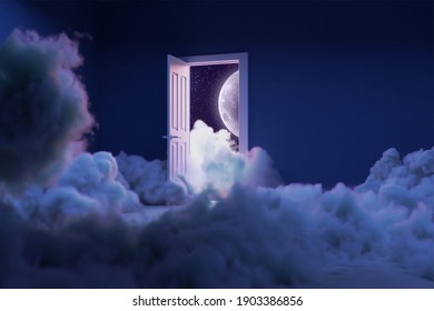 Room Full Of Clouds Surreal Dream 3d Rendering Moon