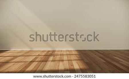 Room interior empty space background mock up, sunlight and shadows room walls, cozy summer warm room with sunlight and leafs shadows and wooden blank parquet floor