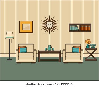 Room Interior In Flat Design. Retro Living Room In Line Art. Linear Vintage Illustration. Thin Line Home Space With Armchairs, Telephone And Coffee Table. House Equipment 1960s. 