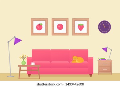 Room Interior. Living Room. Lounge With Furniture. Home Background In Flat Design. Cartoon House Equipment In Modern Apartment. Colorful Animated Illustration Parlor With Pink Sofa And Table.