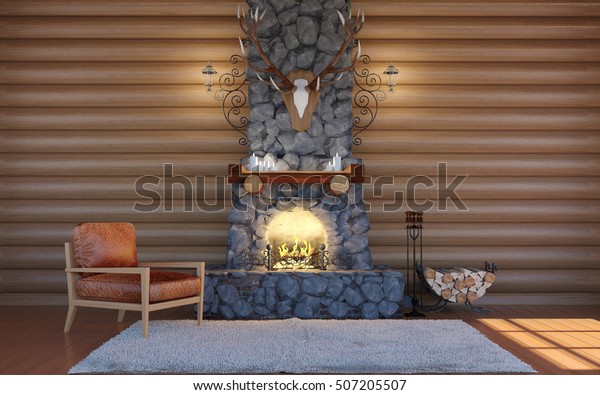 Room Interior Log Cabin Building Stone Stock Illustration