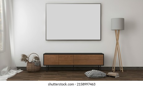 Room Interior Mockup With Big Blank Frame, Wooden Desk, Floor Lamp, And Objects. 3d Rendering. 3d Interior