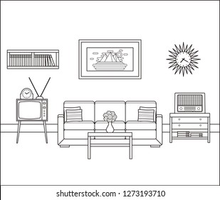 Room Interior Sketch. Retro Living Room In Line Art. Linear Vintage Illustration. Thin Line Home Space With Sofa, TV And Radio. Flat House Equipment 60s. Outline Black White Furniture 70s.