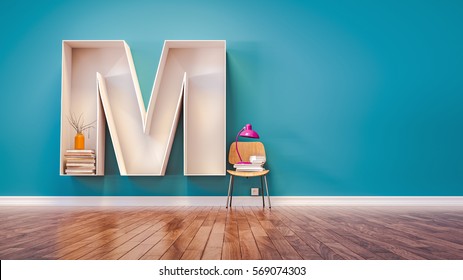 Room For Learning The Letter M Has Designed A Bookshelf. 3d Render And Illustration.