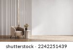 Room with light wall and wooden floor and beige modern armchair. Bright room interior mockup. Empty room for mockup. 3d rendering.