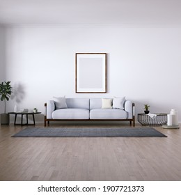 Room With Mid Century Elegant Sofa, Side Tables, Indoor Plant And Wooden Floors. Empty Walls With A Frame Can Be Used For Art And Print Mockups, Interior Scene And Wallpaper Mockup Needs. 3D Rendering