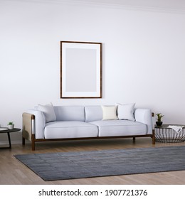 Room With Mid Century Elegant Sofa, Side Tables, Indoor Plant And Wooden Floors. Empty Walls With A Frame Can Be Used For Art And Print Mockups, Interior Scene And Wallpaper Mockup Needs. 3D Rendering