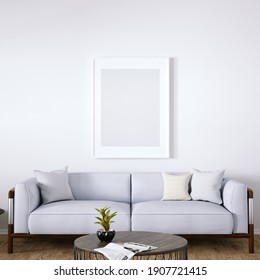 Room With Mid Century Elegant Sofa, Side Tables, Indoor Plant And Wooden Floors. Empty Walls With A Frame Can Be Used For Art And Print Mockups, Interior Scene And Wallpaper Mockup Need. 3D Rendering