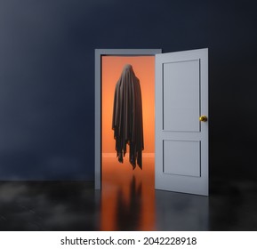 Room With Open Door And Ghost Levitating Inside With Warm Light. 3d Rendering