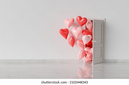 room with open door and heart shaped balloons entering. concept of valentines arrival, gifts, love, marriage and romantic. 3d rendering